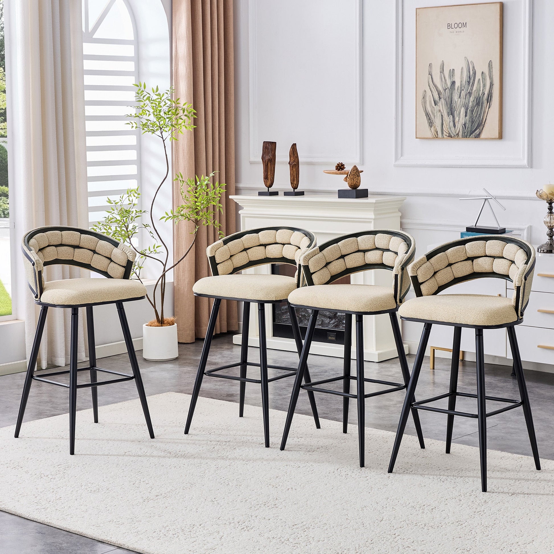 Set of 2 Beige Velvet Bar Stools with Black Iron Legs, Modern Kitchen Island Counter Height Stools - 1st Choice Furniture Direct