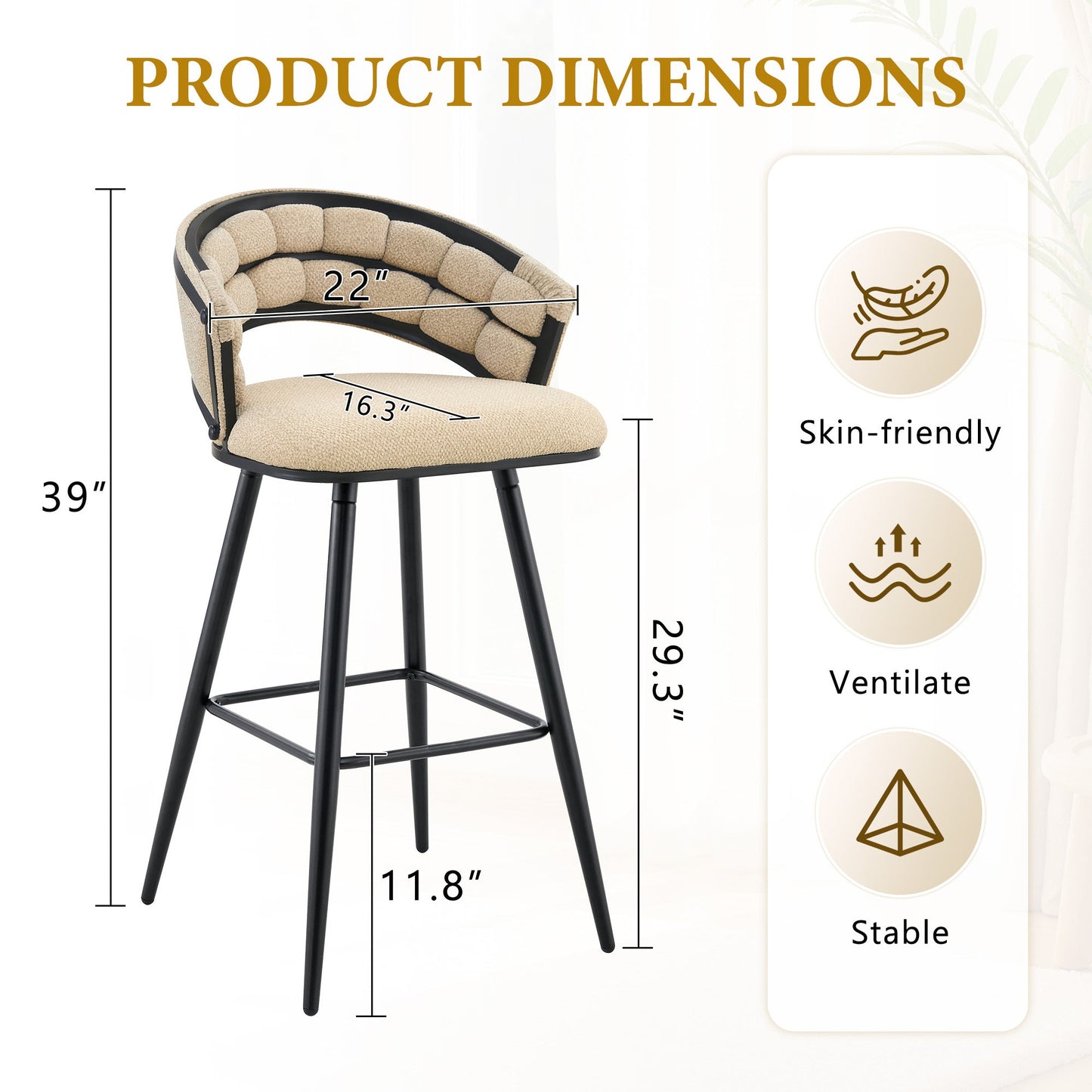 Set of 2 Beige Velvet Bar Stools with Black Iron Legs, Modern Kitchen Island Counter Height Stools - 1st Choice Furniture Direct