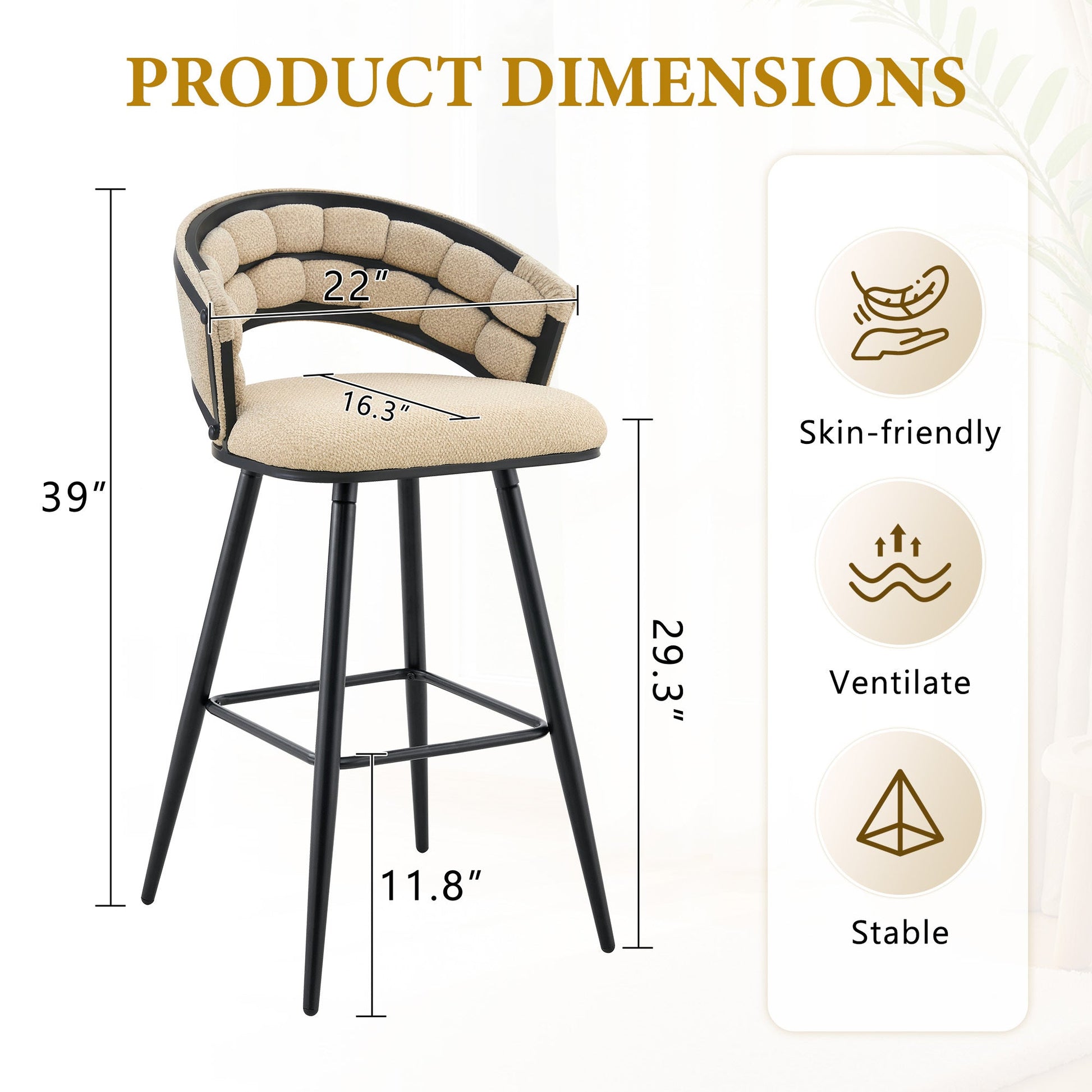 Set of 2 Beige Velvet Bar Stools with Black Iron Legs, Modern Kitchen Island Counter Height Stools - 1st Choice Furniture Direct