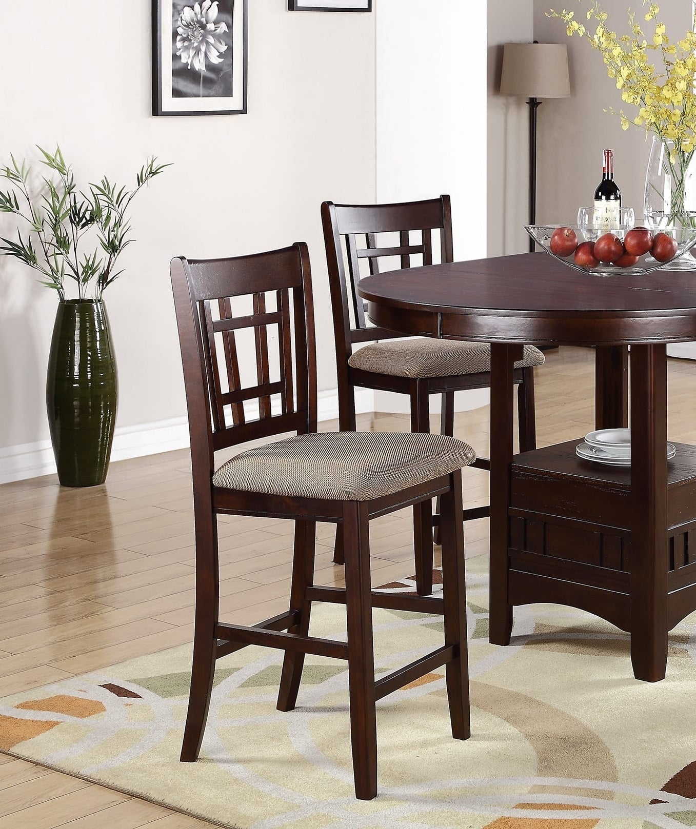 Set of 2 Chairs Dining Room Furniture Brown Solid wood Counter Height Chairs Upholstered Cushioned Unique back - 1st Choice Furniture Direct