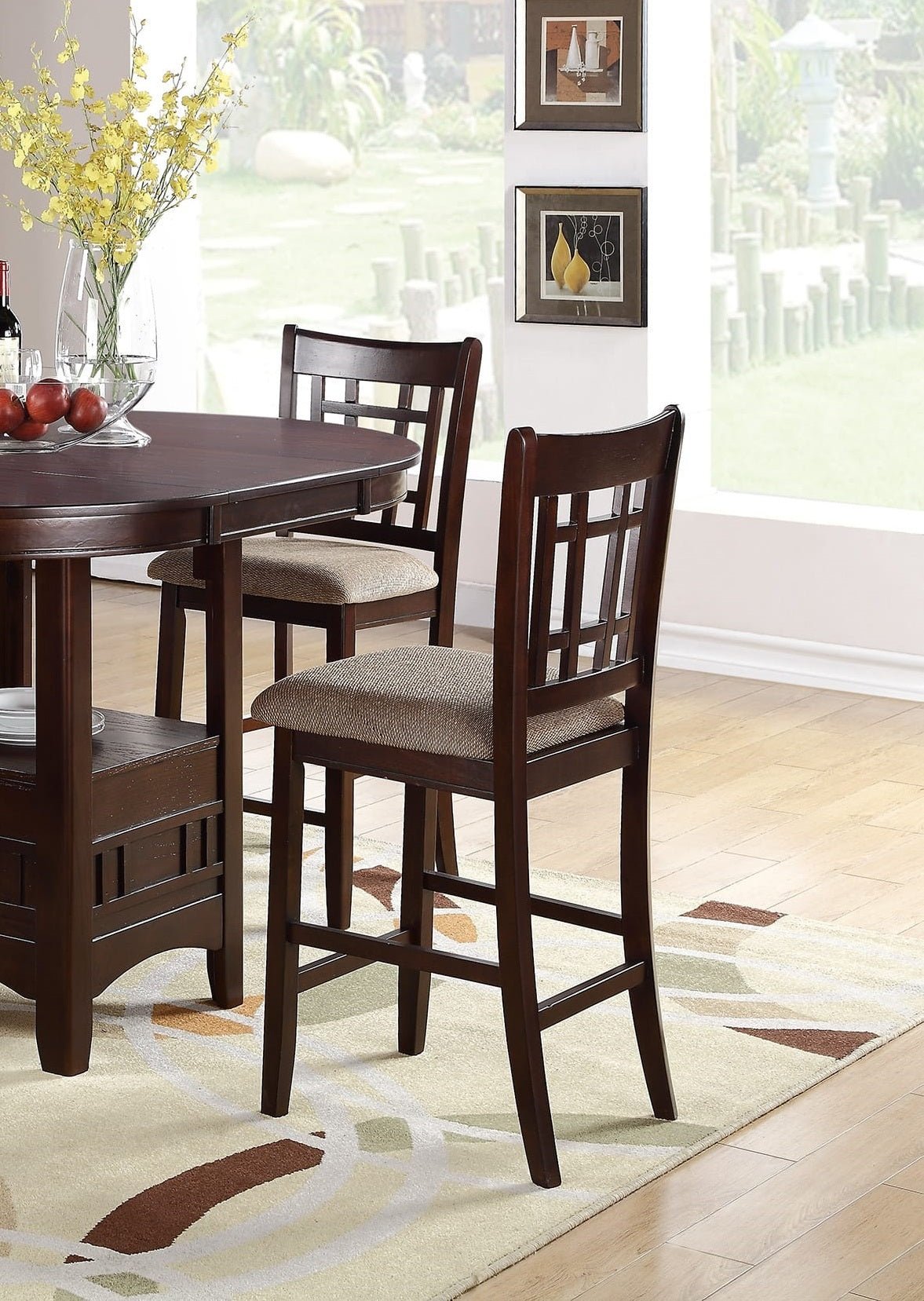 Set of 2 Chairs Dining Room Furniture Brown Solid wood Counter Height Chairs Upholstered Cushioned Unique back - 1st Choice Furniture Direct