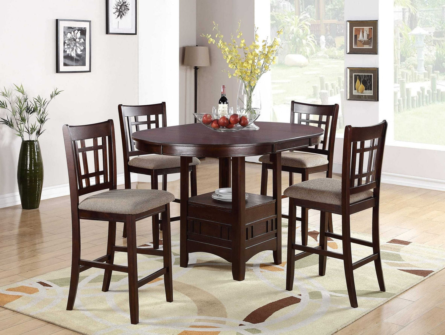 Set of 2 Chairs Dining Room Furniture Brown Solid wood Counter Height Chairs Upholstered Cushioned Unique back - 1st Choice Furniture Direct