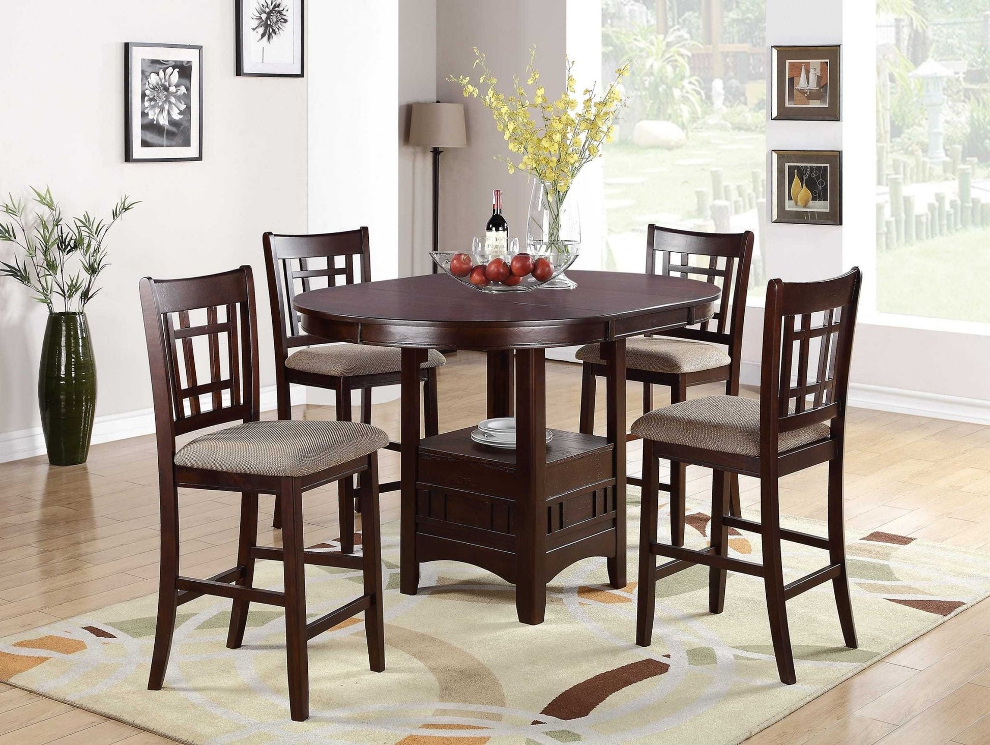 Set of 2 Chairs Dining Room Furniture Brown Solid wood Counter Height Chairs Upholstered Cushioned Unique back - 1st Choice Furniture Direct