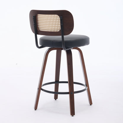 Set of 2 Counter Height Bar Stools - 26 inch Rattan Counter Height Stools with Cane Back, Upholstered Seat, Walnut Craftsmanship, Swivel Counter Stools for Island/Kitchen/Counter/Bar (Walnut Black) - 1st Choice Furniture Direct