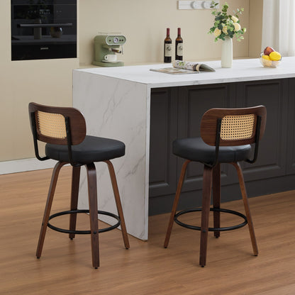 Set of 2 Counter Height Bar Stools - 26 inch Rattan Counter Height Stools with Cane Back, Upholstered Seat, Walnut Craftsmanship, Swivel Counter Stools for Island/Kitchen/Counter/Bar (Walnut Black) - 1st Choice Furniture Direct