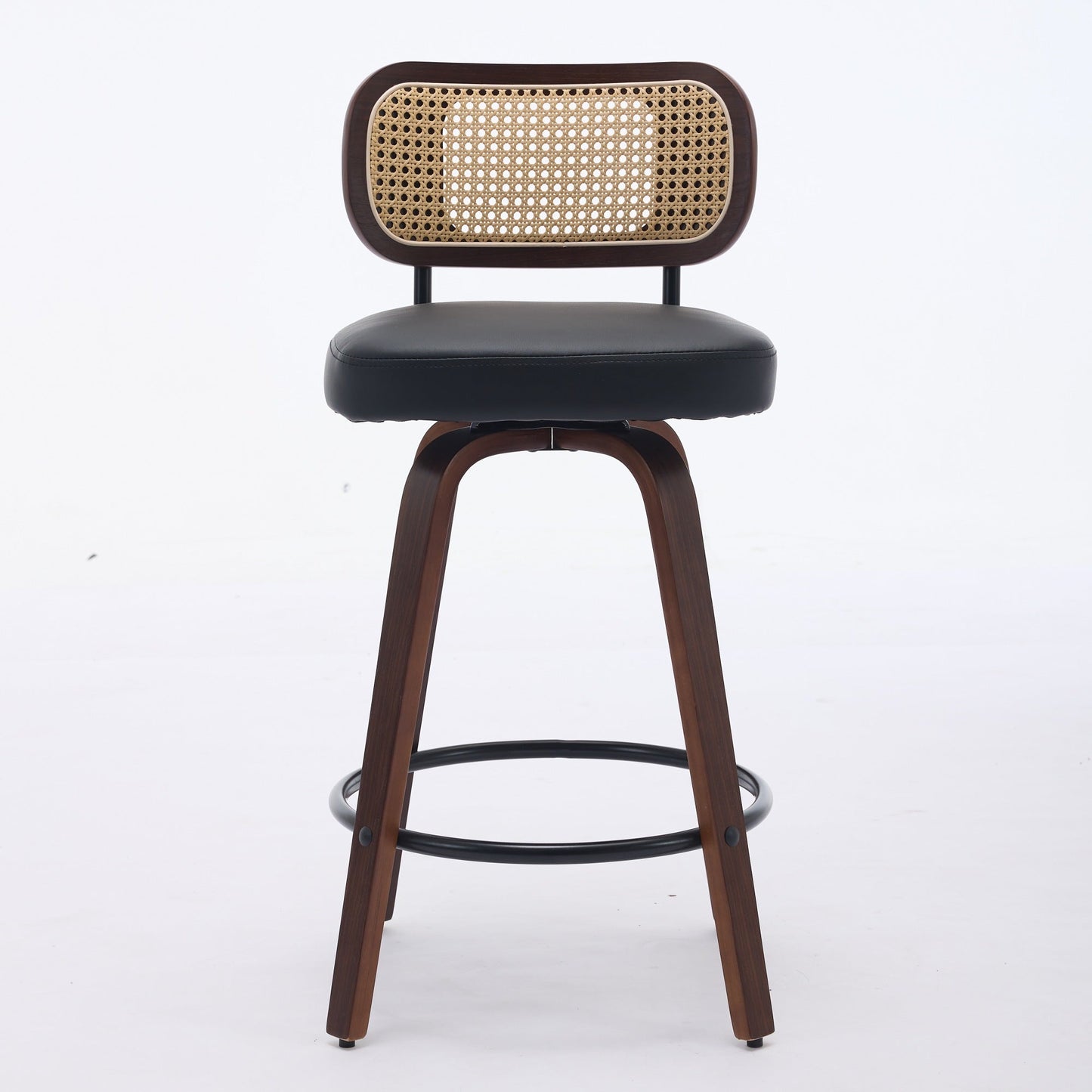 Set of 2 Counter Height Bar Stools - 26 inch Rattan Counter Height Stools with Cane Back, Upholstered Seat, Walnut Craftsmanship, Swivel Counter Stools for Island/Kitchen/Counter/Bar (Walnut Black) - 1st Choice Furniture Direct