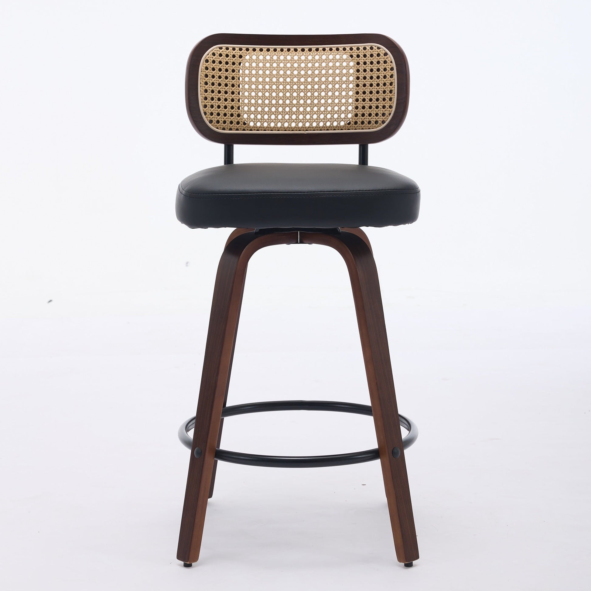 Set of 2 Counter Height Bar Stools - 26 inch Rattan Counter Height Stools with Cane Back, Upholstered Seat, Walnut Craftsmanship, Swivel Counter Stools for Island/Kitchen/Counter/Bar (Walnut Black) - 1st Choice Furniture Direct