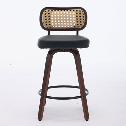 Set of 2 Counter Height Bar Stools - 26 inch Rattan Counter Height Stools with Cane Back, Upholstered Seat, Walnut Craftsmanship, Swivel Counter Stools for Island/Kitchen/Counter/Bar (Walnut Black) - 1st Choice Furniture Direct