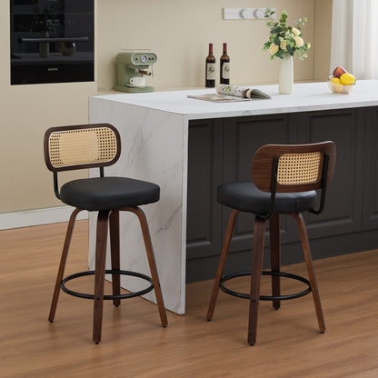Set of 2 Counter Height Bar Stools - 26 inch Rattan Counter Height Stools with Cane Back, Upholstered Seat, Walnut Craftsmanship, Swivel Counter Stools for Island/Kitchen/Counter/Bar (Walnut Black) - 1st Choice Furniture Direct