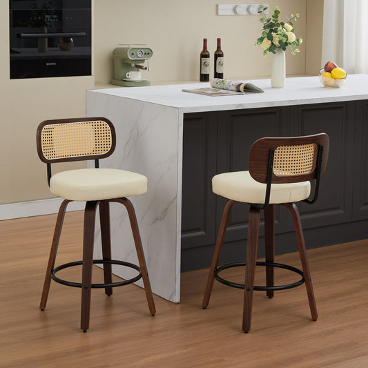 Set of 2 Counter Height Bar Stools - 26 inch Rattan Counter Height Stools with Cane Back, Upholstered Seat, Walnut Craftsmanship, Swivel Counter Stools for Island/Kitchen/Counter/Bar (Walnut /Beige) - 1st Choice Furniture Direct