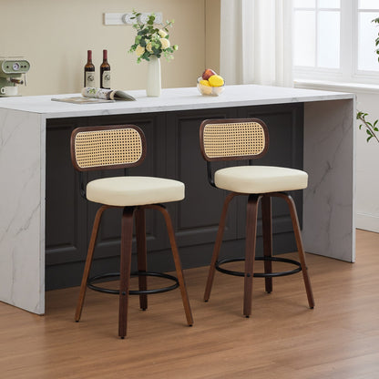Set of 2 Counter Height Bar Stools - 26 inch Rattan Counter Height Stools with Cane Back, Upholstered Seat, Walnut Craftsmanship, Swivel Counter Stools for Island/Kitchen/Counter/Bar (Walnut /Beige) - 1st Choice Furniture Direct