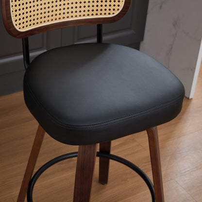 Set of 2 Counter Height Bar Stools - 26 inch Rattan Counter Height Stools with Cane Back, Upholstered Seat, Walnut Craftsmanship, Swivel Counter Stools for Island/Kitchen/Counter/Bar (Walnut Black) - 1st Choice Furniture Direct