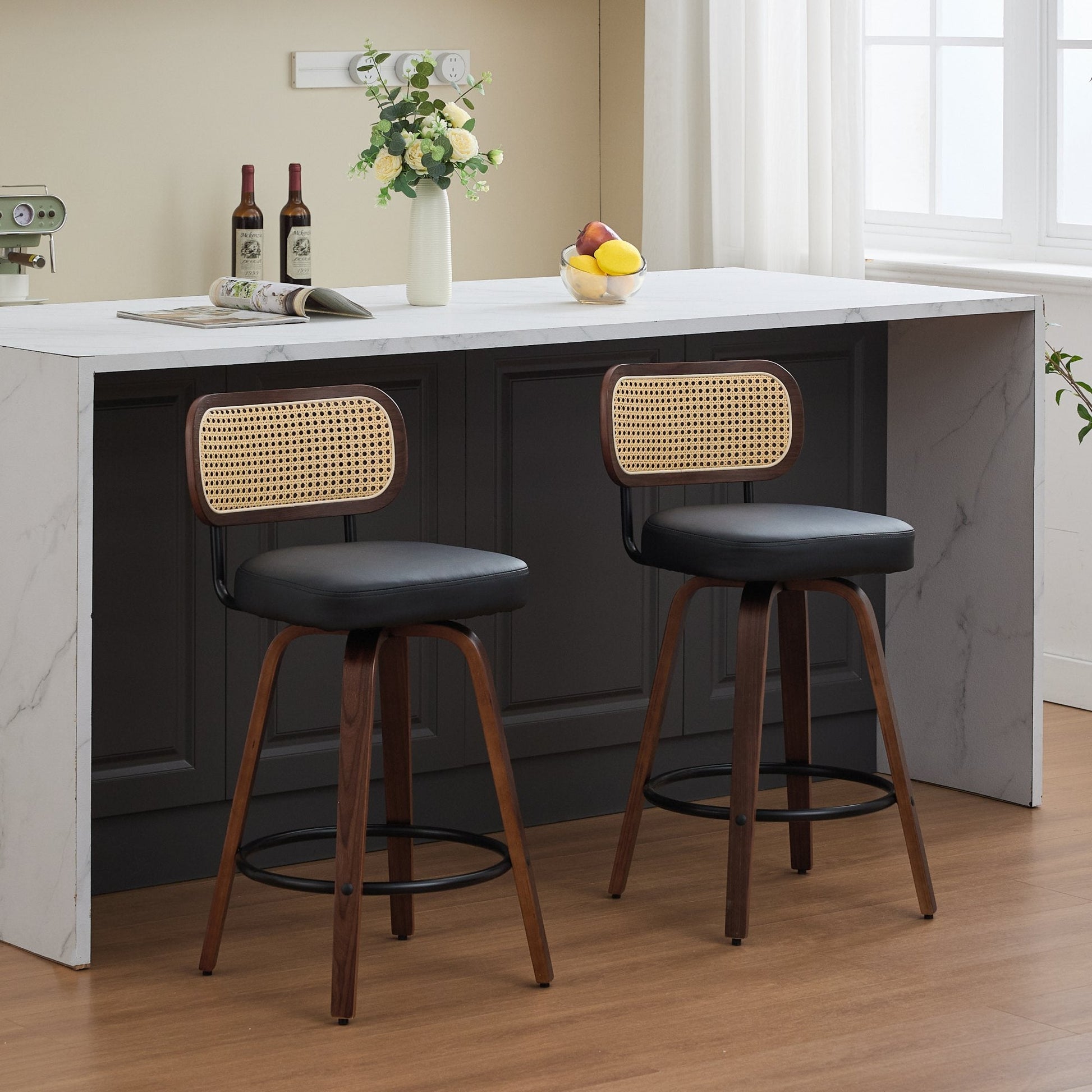 Set of 2 Counter Height Bar Stools - 26 inch Rattan Counter Height Stools with Cane Back, Upholstered Seat, Walnut Craftsmanship, Swivel Counter Stools for Island/Kitchen/Counter/Bar (Walnut Black) - 1st Choice Furniture Direct