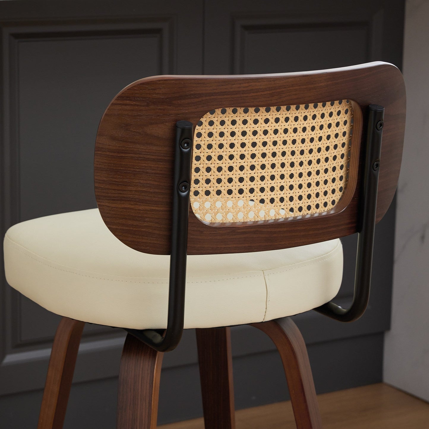 Set of 2 Counter Height Bar Stools - 26 inch Rattan Counter Height Stools with Cane Back, Upholstered Seat, Walnut Craftsmanship, Swivel Counter Stools for Island/Kitchen/Counter/Bar (Walnut /Beige) - 1st Choice Furniture Direct