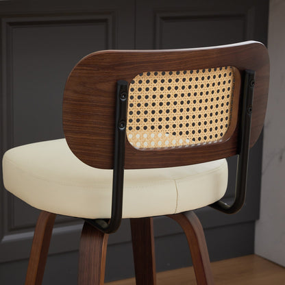 Set of 2 Counter Height Bar Stools - 26 inch Rattan Counter Height Stools with Cane Back, Upholstered Seat, Walnut Craftsmanship, Swivel Counter Stools for Island/Kitchen/Counter/Bar (Walnut /Beige) - 1st Choice Furniture Direct