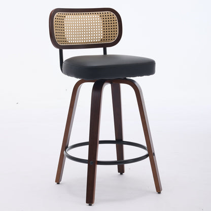 Set of 2 Counter Height Bar Stools - 26 inch Rattan Counter Height Stools with Cane Back, Upholstered Seat, Walnut Craftsmanship, Swivel Counter Stools for Island/Kitchen/Counter/Bar (Walnut Black) - 1st Choice Furniture Direct
