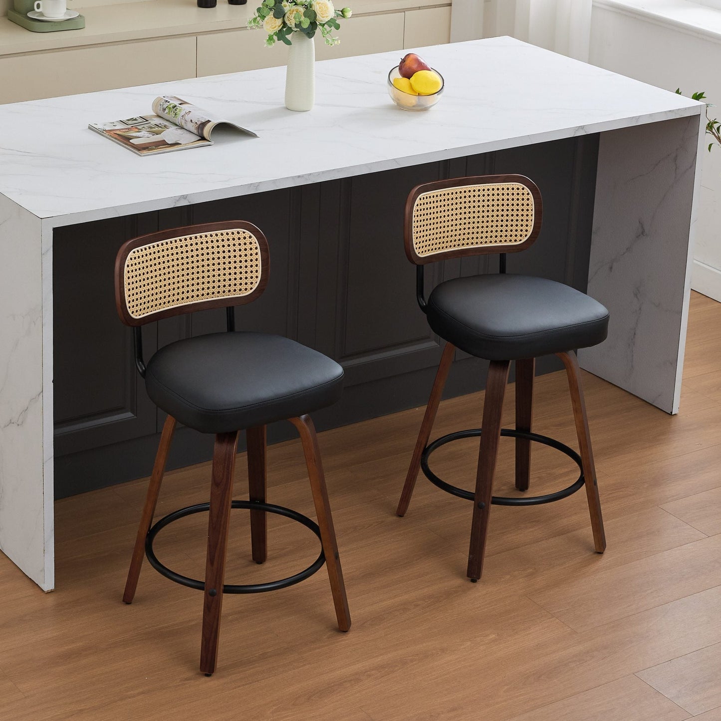 Set of 2 Counter Height Bar Stools - 26 inch Rattan Counter Height Stools with Cane Back, Upholstered Seat, Walnut Craftsmanship, Swivel Counter Stools for Island/Kitchen/Counter/Bar (Walnut Black) - 1st Choice Furniture Direct