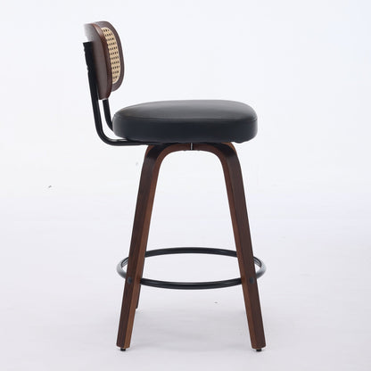 Set of 2 Counter Height Bar Stools - 26 inch Rattan Counter Height Stools with Cane Back, Upholstered Seat, Walnut Craftsmanship, Swivel Counter Stools for Island/Kitchen/Counter/Bar (Walnut Black) - 1st Choice Furniture Direct