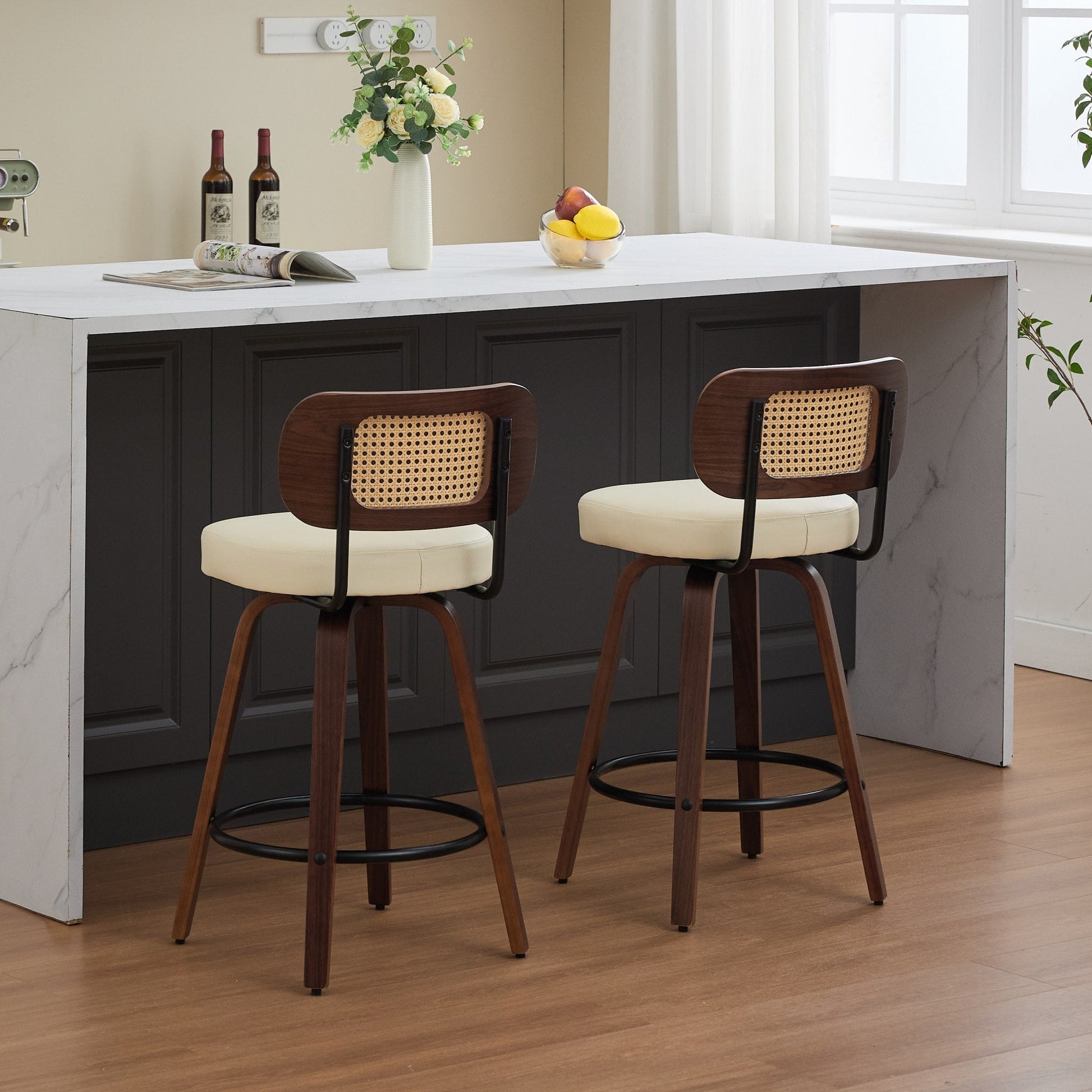 Set of 2 Counter Height Bar Stools - 26 inch Rattan Counter Height Stools with Cane Back, Upholstered Seat, Walnut Craftsmanship, Swivel Counter Stools for Island/Kitchen/Counter/Bar (Walnut /Beige) - 1st Choice Furniture Direct