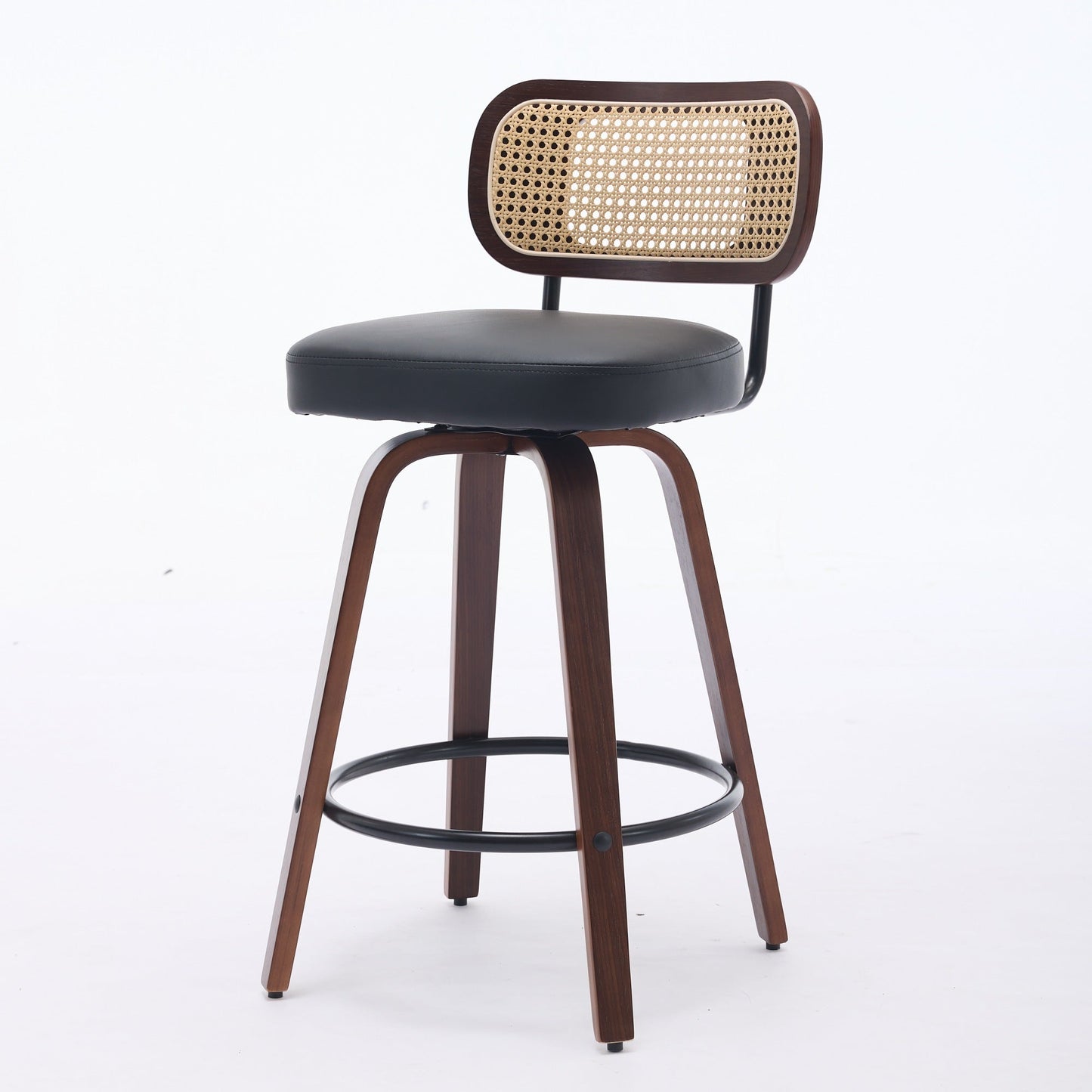 Set of 2 Counter Height Bar Stools - 26 inch Rattan Counter Height Stools with Cane Back, Upholstered Seat, Walnut Craftsmanship, Swivel Counter Stools for Island/Kitchen/Counter/Bar (Walnut Black) - 1st Choice Furniture Direct