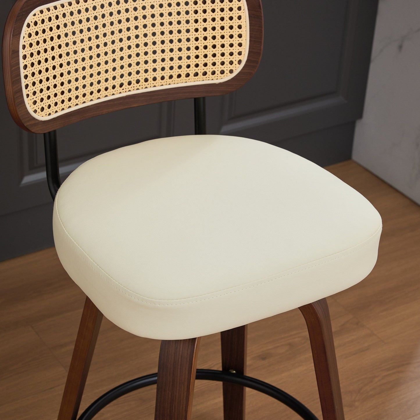 Set of 2 Counter Height Bar Stools - 26 inch Rattan Counter Height Stools with Cane Back, Upholstered Seat, Walnut Craftsmanship, Swivel Counter Stools for Island/Kitchen/Counter/Bar (Walnut /Beige) - 1st Choice Furniture Direct