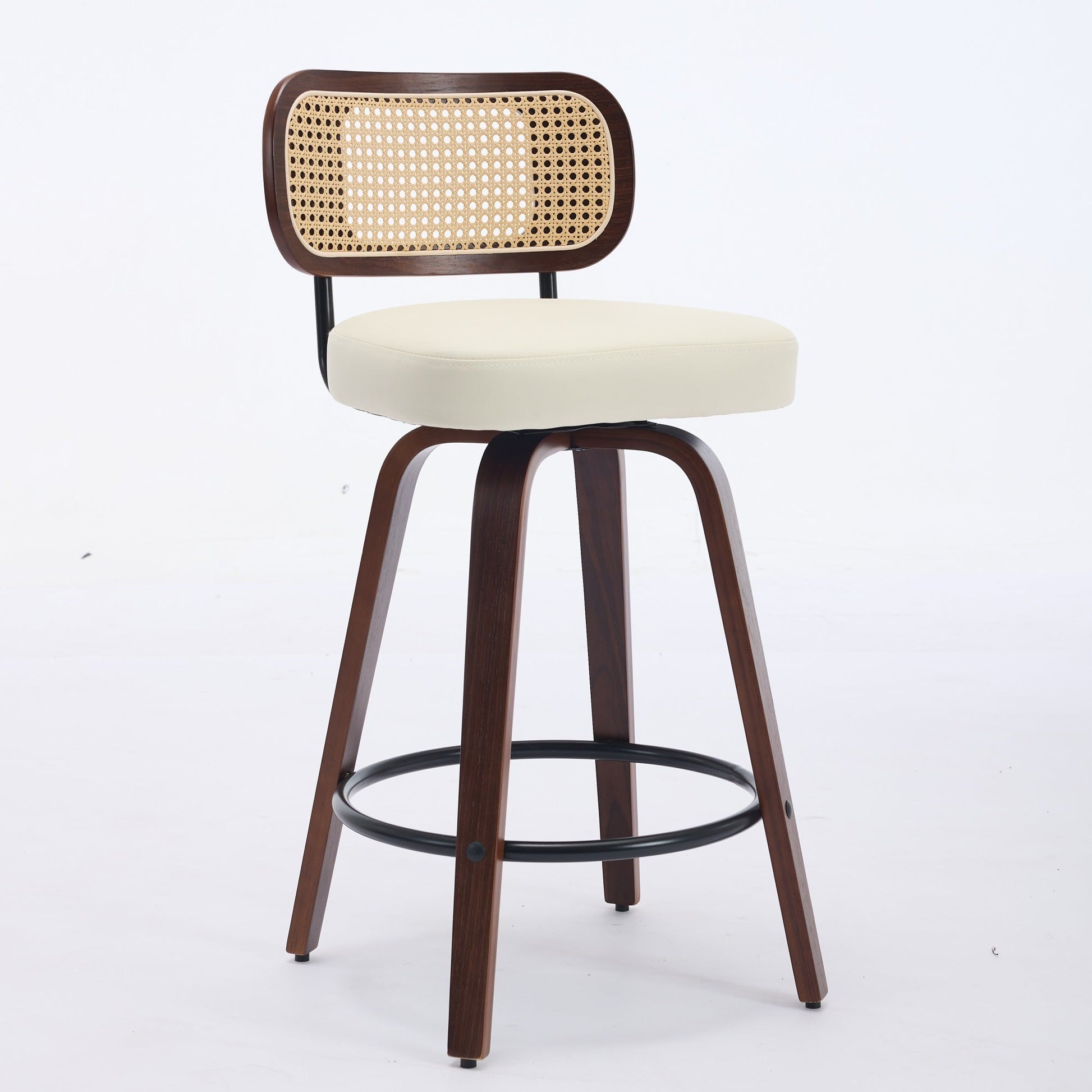 Set of 2 Counter Height Bar Stools - 26 inch Rattan Counter Height Stools with Cane Back, Upholstered Seat, Walnut Craftsmanship, Swivel Counter Stools for Island/Kitchen/Counter/Bar (Walnut /Beige) - 1st Choice Furniture Direct