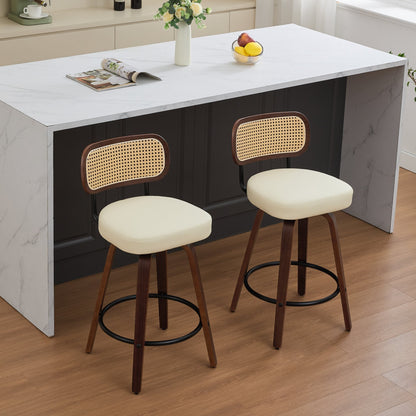 Set of 2 Counter Height Bar Stools - 26 inch Rattan Counter Height Stools with Cane Back, Upholstered Seat, Walnut Craftsmanship, Swivel Counter Stools for Island/Kitchen/Counter/Bar (Walnut /Beige) - 1st Choice Furniture Direct