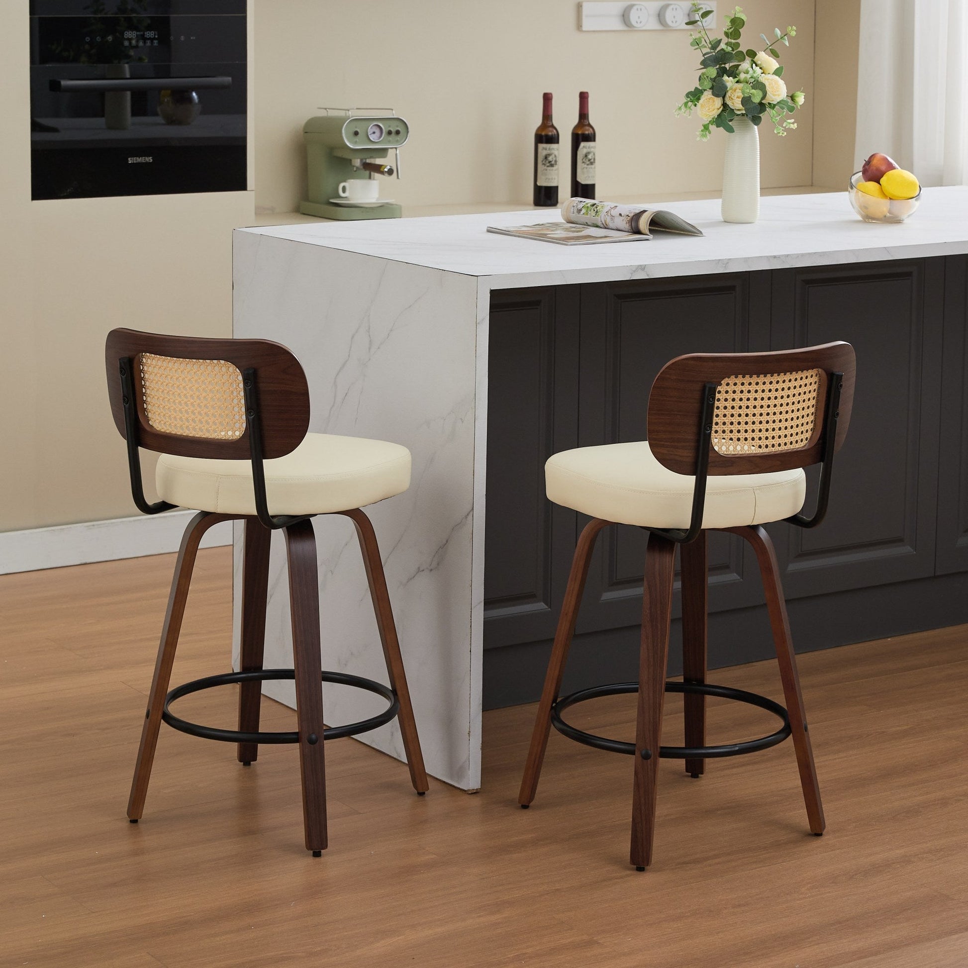 Set of 2 Counter Height Bar Stools - 26 inch Rattan Counter Height Stools with Cane Back, Upholstered Seat, Walnut Craftsmanship, Swivel Counter Stools for Island/Kitchen/Counter/Bar (Walnut /Beige) - 1st Choice Furniture Direct