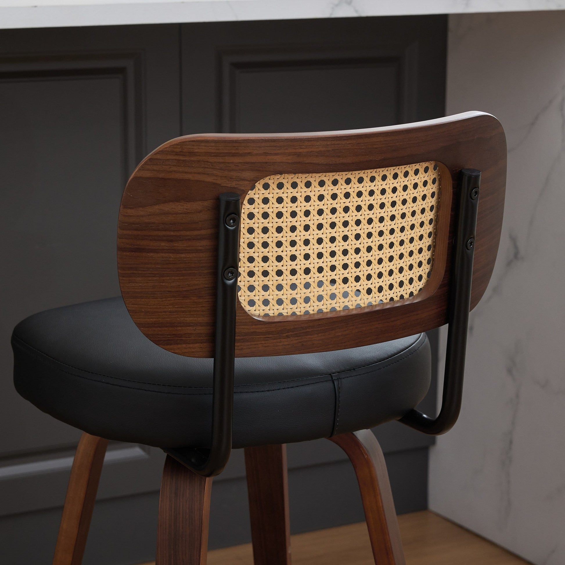 Set of 2 Counter Height Bar Stools - 26 inch Rattan Counter Height Stools with Cane Back, Upholstered Seat, Walnut Craftsmanship, Swivel Counter Stools for Island/Kitchen/Counter/Bar (Walnut Black) - 1st Choice Furniture Direct