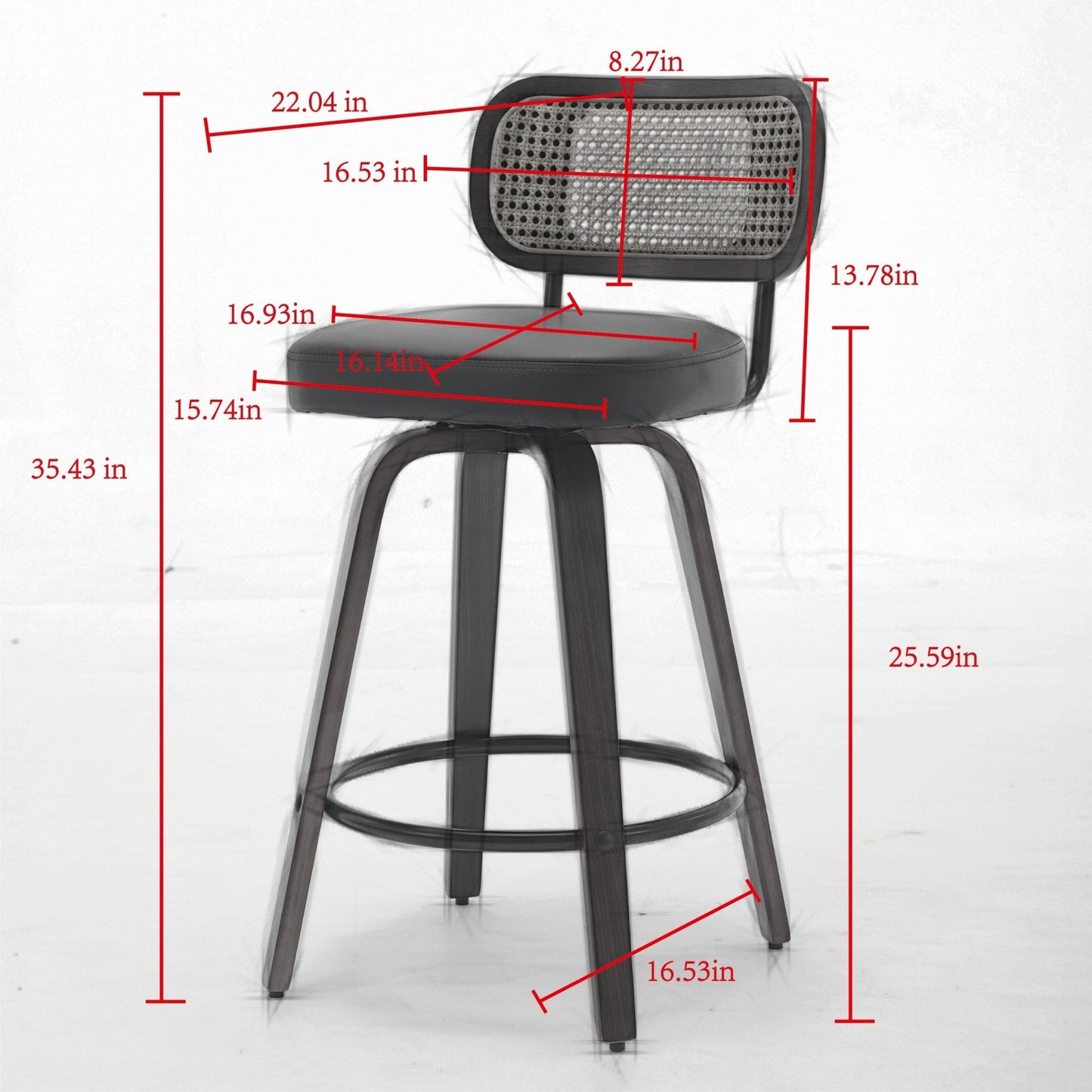 Set of 2 Counter Height Bar Stools - 26 inch Rattan Counter Height Stools with Cane Back, Upholstered Seat, Walnut Craftsmanship, Swivel Counter Stools for Island/Kitchen/Counter/Bar (Walnut Black) - 1st Choice Furniture Direct