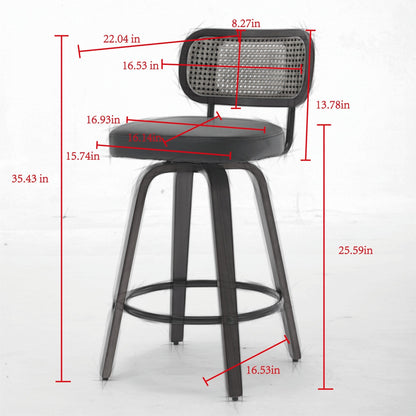 Set of 2 Counter Height Bar Stools - 26 inch Rattan Counter Height Stools with Cane Back, Upholstered Seat, Walnut Craftsmanship, Swivel Counter Stools for Island/Kitchen/Counter/Bar (Walnut Black) - 1st Choice Furniture Direct