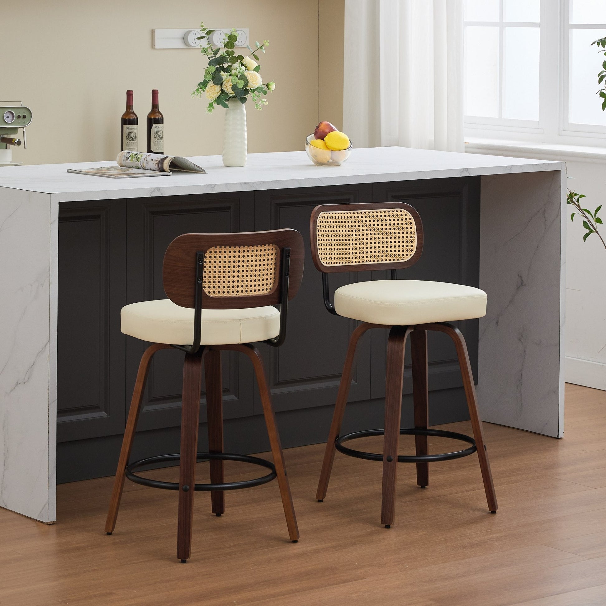 Set of 2 Counter Height Bar Stools - 26 inch Rattan Counter Height Stools with Cane Back, Upholstered Seat, Walnut Craftsmanship, Swivel Counter Stools for Island/Kitchen/Counter/Bar (Walnut /Beige) - 1st Choice Furniture Direct