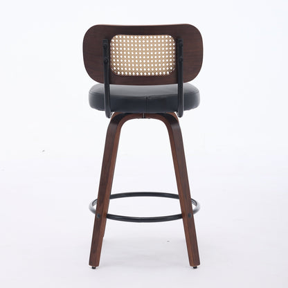 Set of 2 Counter Height Bar Stools - 26 inch Rattan Counter Height Stools with Cane Back, Upholstered Seat, Walnut Craftsmanship, Swivel Counter Stools for Island/Kitchen/Counter/Bar (Walnut Black) - 1st Choice Furniture Direct