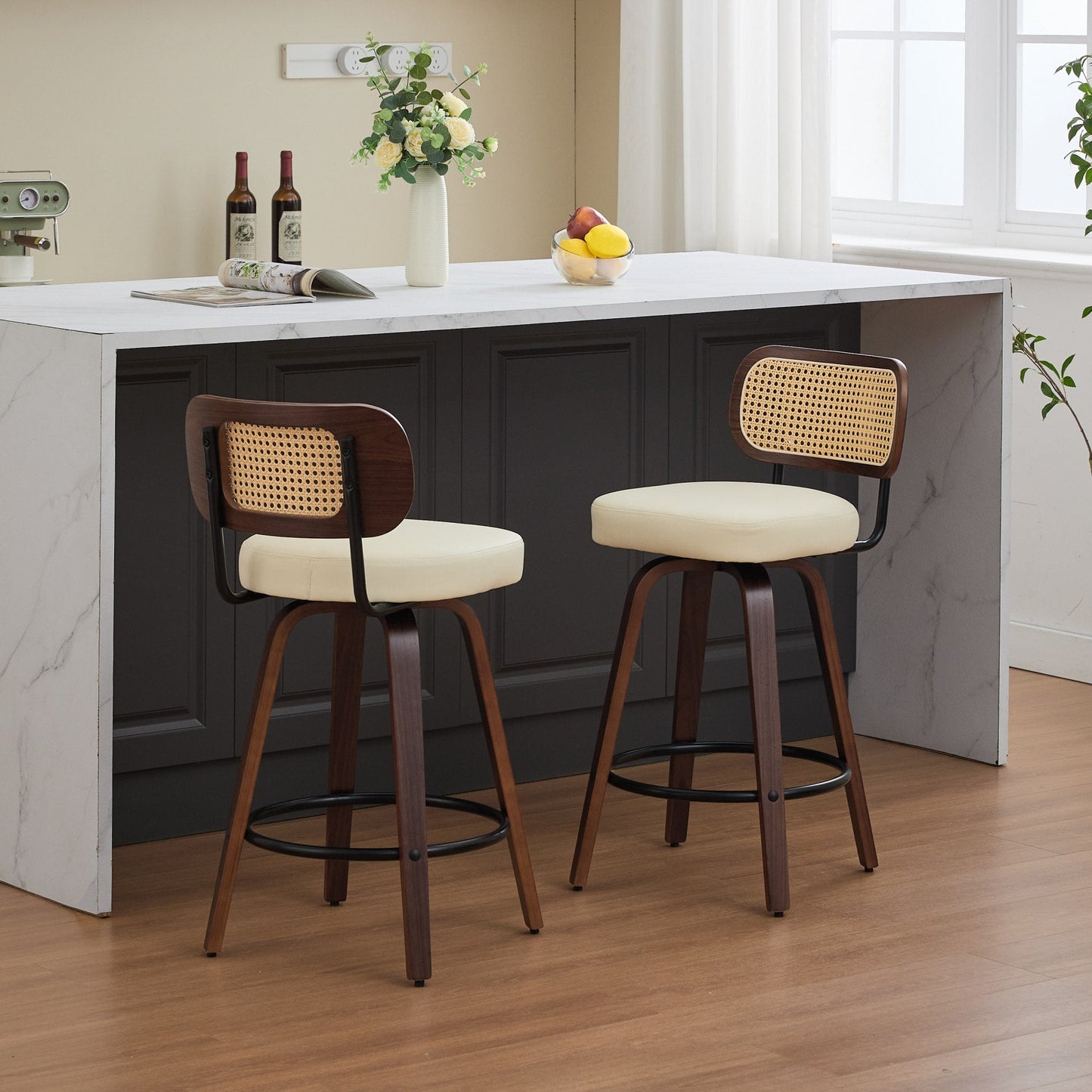 Set of 2 Counter Height Bar Stools - 26 inch Rattan Counter Height Stools with Cane Back, Upholstered Seat, Walnut Craftsmanship, Swivel Counter Stools for Island/Kitchen/Counter/Bar (Walnut /Beige) - 1st Choice Furniture Direct