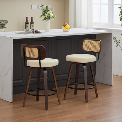Set of 2 Counter Height Bar Stools - 26 inch Rattan Counter Height Stools with Cane Back, Upholstered Seat, Walnut Craftsmanship, Swivel Counter Stools for Island/Kitchen/Counter/Bar (Walnut /Beige) - 1st Choice Furniture Direct