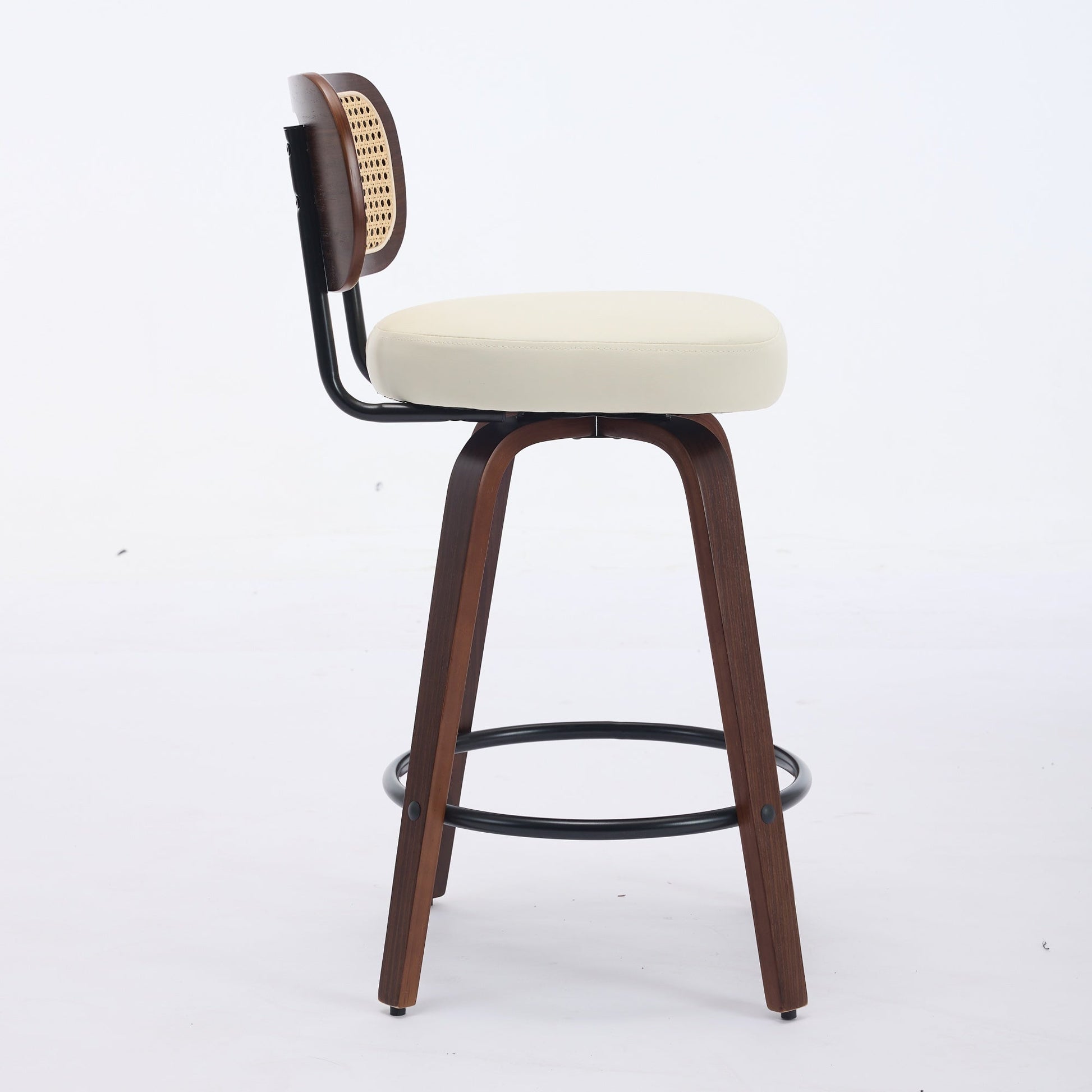 Set of 2 Counter Height Bar Stools - 26 inch Rattan Counter Height Stools with Cane Back, Upholstered Seat, Walnut Craftsmanship, Swivel Counter Stools for Island/Kitchen/Counter/Bar (Walnut /Beige) - 1st Choice Furniture Direct