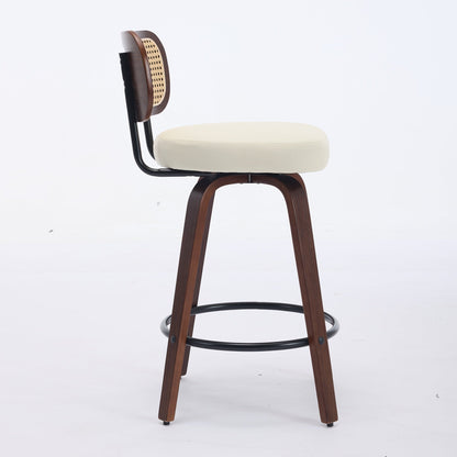 Set of 2 Counter Height Bar Stools - 26 inch Rattan Counter Height Stools with Cane Back, Upholstered Seat, Walnut Craftsmanship, Swivel Counter Stools for Island/Kitchen/Counter/Bar (Walnut /Beige) - 1st Choice Furniture Direct