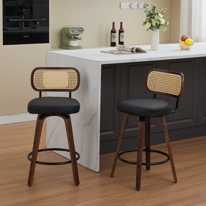 Set of 2 Counter Height Bar Stools - 26 inch Rattan Counter Height Stools with Cane Back, Upholstered Seat, Walnut Craftsmanship, Swivel Counter Stools for Island/Kitchen/Counter/Bar (Walnut Black) - 1st Choice Furniture Direct