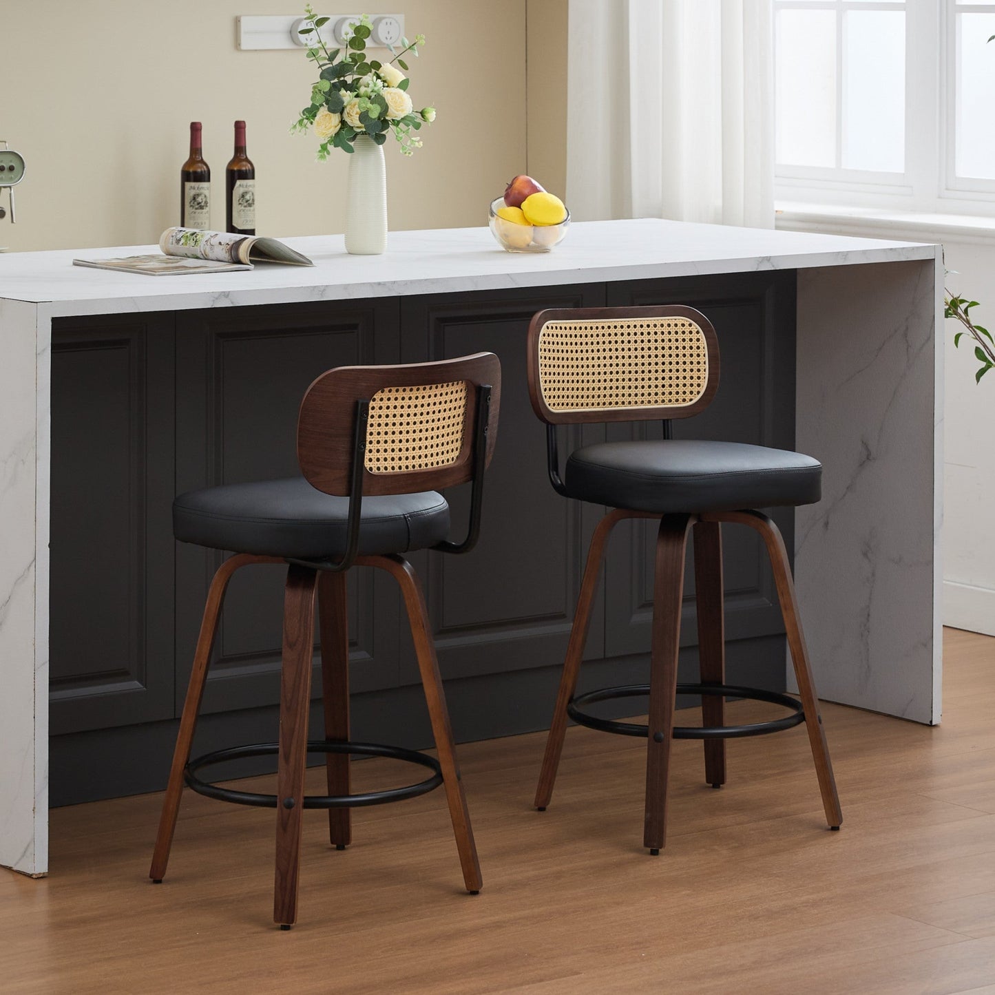 Set of 2 Counter Height Bar Stools - 26 inch Rattan Counter Height Stools with Cane Back, Upholstered Seat, Walnut Craftsmanship, Swivel Counter Stools for Island/Kitchen/Counter/Bar (Walnut Black) - 1st Choice Furniture Direct