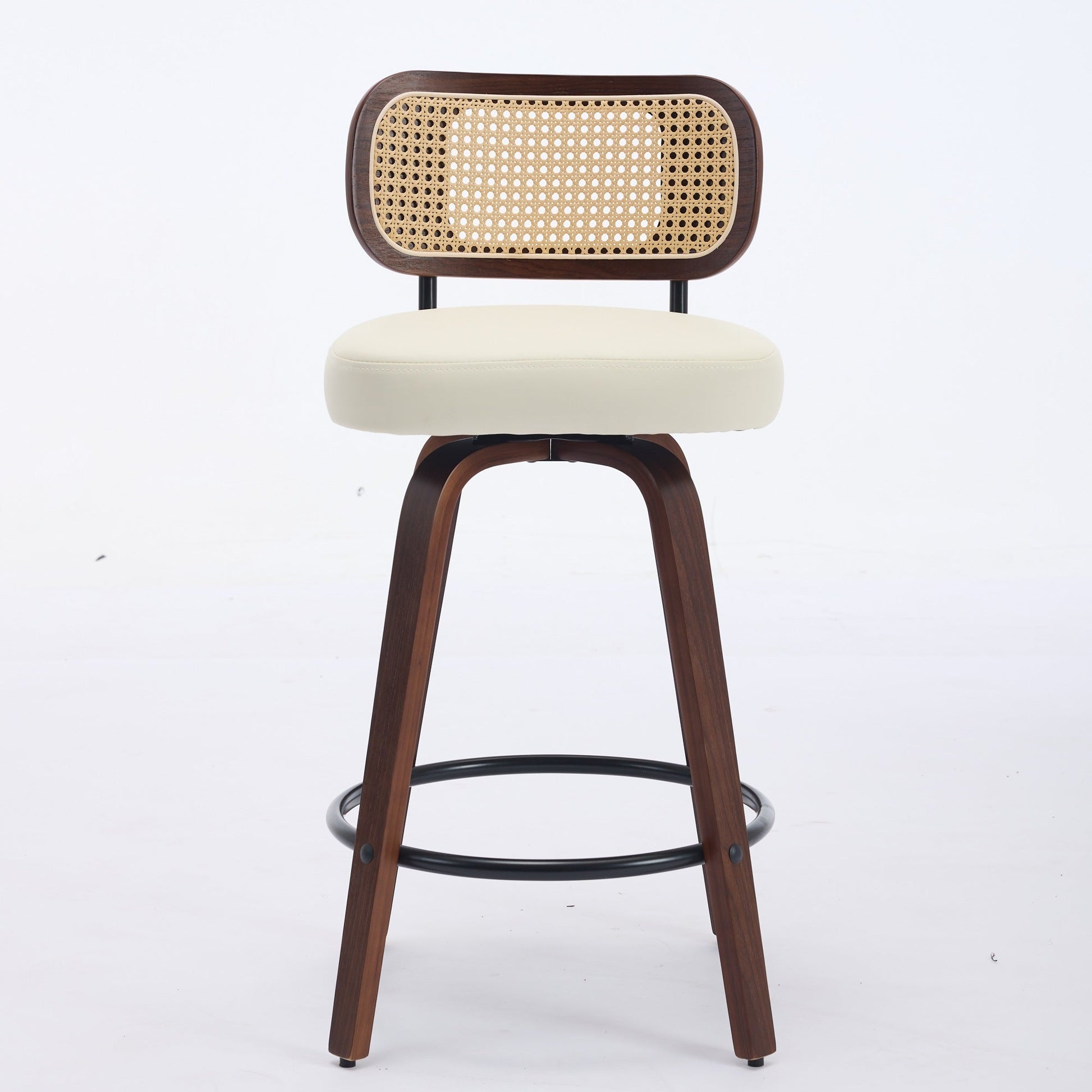 Set of 2 Counter Height Bar Stools - 26 inch Rattan Counter Height Stools with Cane Back, Upholstered Seat, Walnut Craftsmanship, Swivel Counter Stools for Island/Kitchen/Counter/Bar (Walnut /Beige) - 1st Choice Furniture Direct