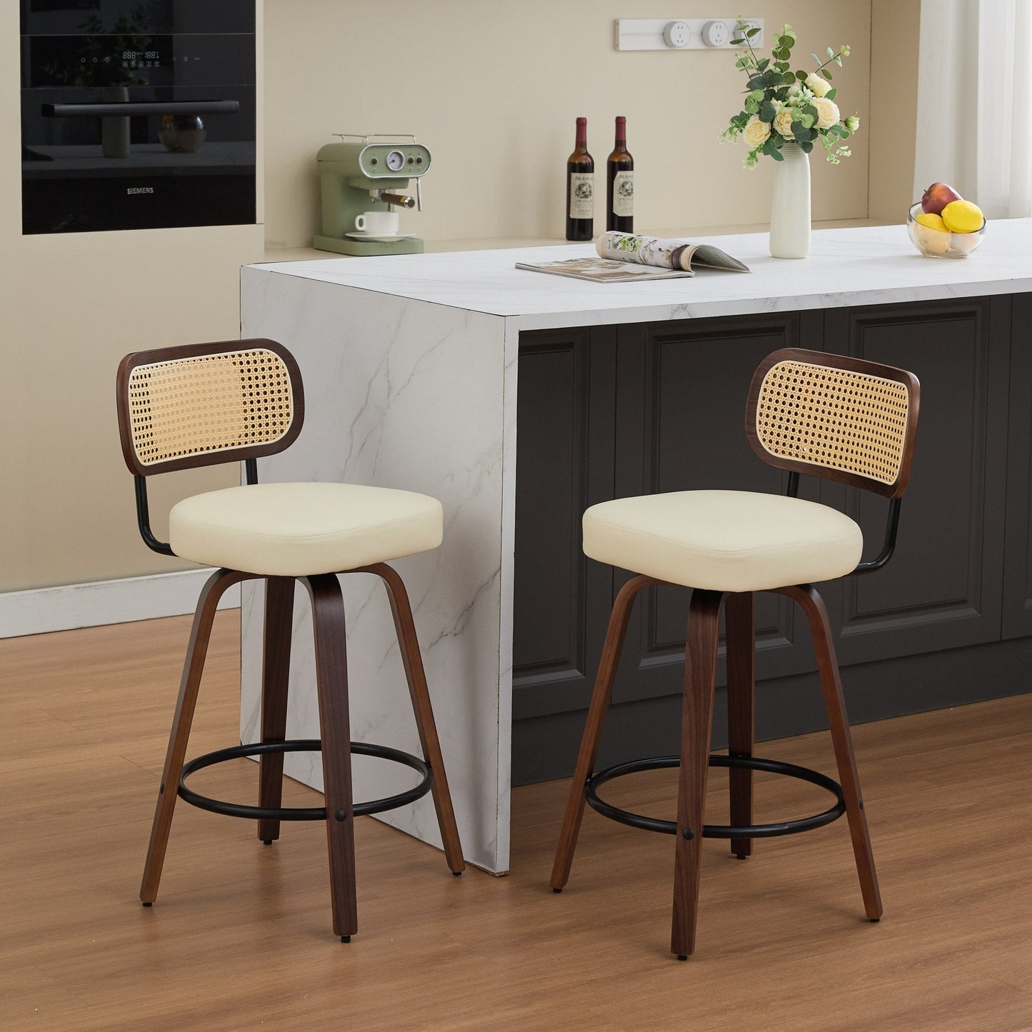 Set of 2 Counter Height Bar Stools - 26 inch Rattan Counter Height Stools with Cane Back, Upholstered Seat, Walnut Craftsmanship, Swivel Counter Stools for Island/Kitchen/Counter/Bar (Walnut /Beige) - 1st Choice Furniture Direct