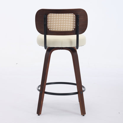 Set of 2 Counter Height Bar Stools - 26 inch Rattan Counter Height Stools with Cane Back, Upholstered Seat, Walnut Craftsmanship, Swivel Counter Stools for Island/Kitchen/Counter/Bar (Walnut /Beige) - 1st Choice Furniture Direct