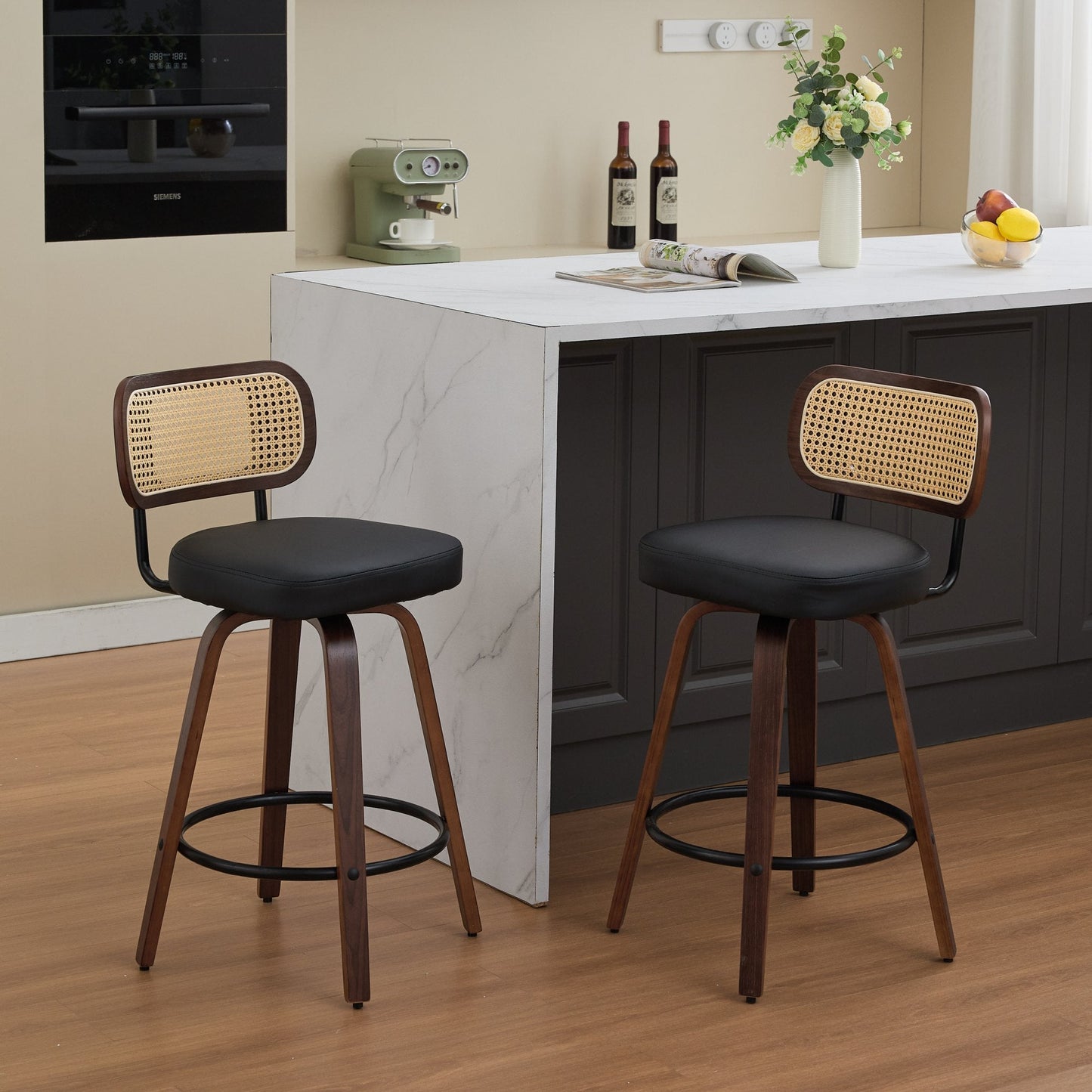 Set of 2 Counter Height Bar Stools - 26 inch Rattan Counter Height Stools with Cane Back, Upholstered Seat, Walnut Craftsmanship, Swivel Counter Stools for Island/Kitchen/Counter/Bar (Walnut Black) - 1st Choice Furniture Direct