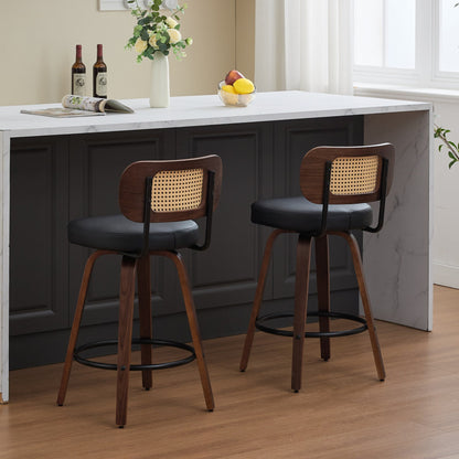 Set of 2 Counter Height Bar Stools - 26 inch Rattan Counter Height Stools with Cane Back, Upholstered Seat, Walnut Craftsmanship, Swivel Counter Stools for Island/Kitchen/Counter/Bar (Walnut Black) - 1st Choice Furniture Direct