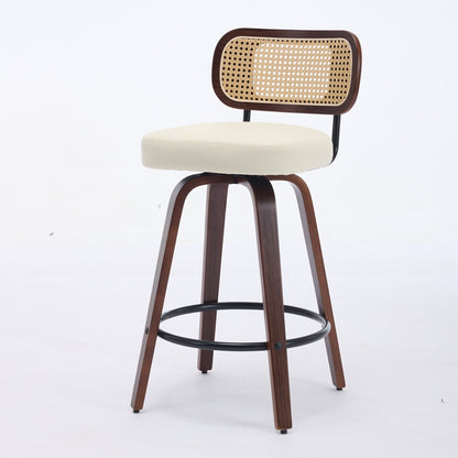 Set of 2 Counter Height Bar Stools - 26 inch Rattan Counter Height Stools with Cane Back, Upholstered Seat, Walnut Craftsmanship, Swivel Counter Stools for Island/Kitchen/Counter/Bar (Walnut /Beige) - 1st Choice Furniture Direct