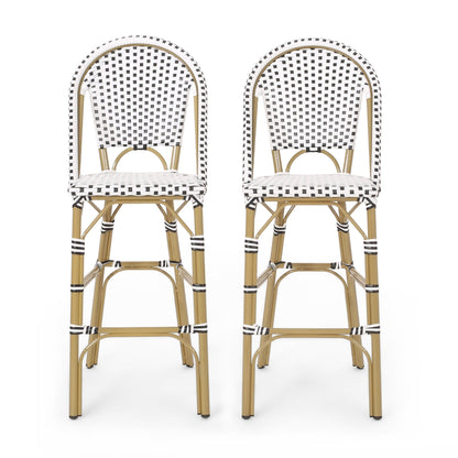 Set of 2 French Bistro Outdoor Bar Stools with Wicker - 1st Choice Furniture Direct