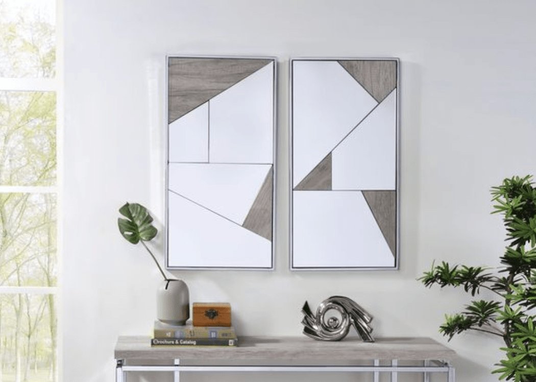 Set of 2 Geometric Wall Mirrors with Chrome Frame and Oak Accents - 1st Choice Furniture Direct