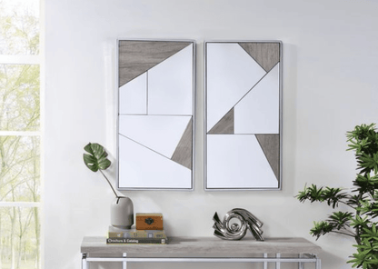 Set of 2 Geometric Wall Mirrors with Chrome Frame and Oak Accents - 1st Choice Furniture Direct