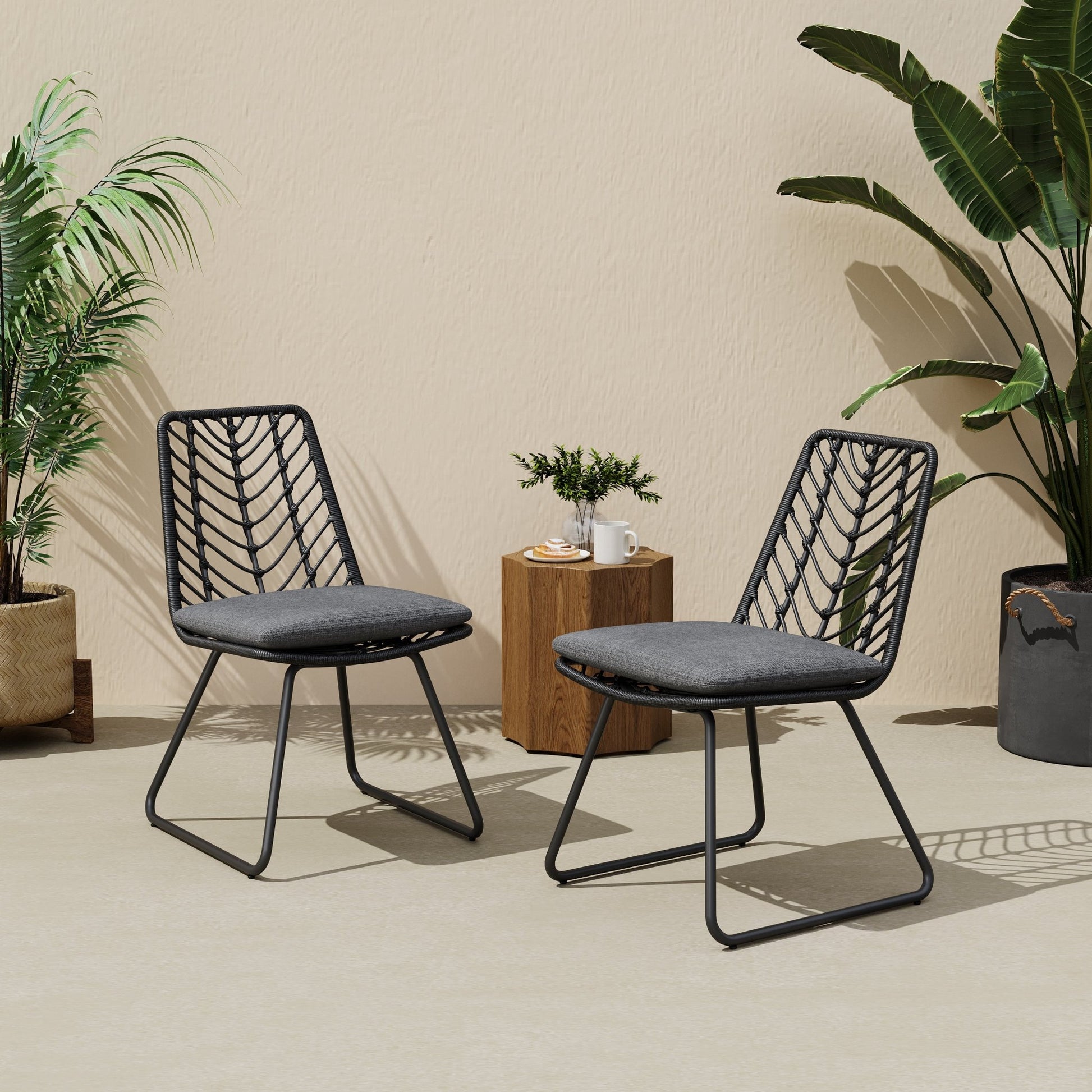 Set of 2 Gray PE Rattan Outdoor Dining Chairs with Cushions - 1st Choice Furniture Direct