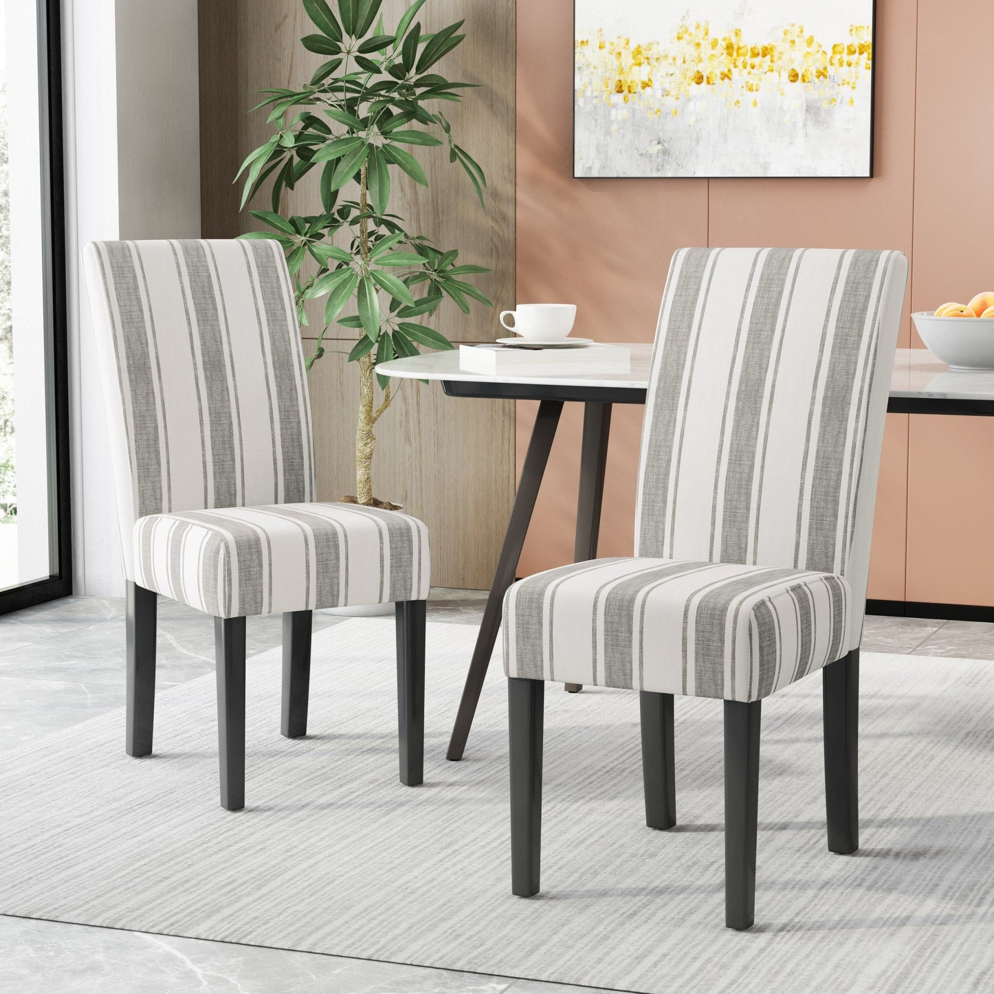 Set of 2 Grey Stripe Upholstered Dining Chairs with Rubberwood Legs - 1st Choice Furniture Direct
